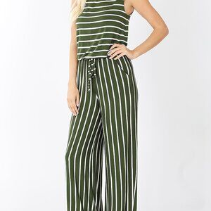Zenana Green Sleeveless Striped Jumpsuit